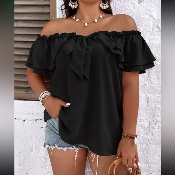 Luxe plus black size off shoulder tie front frill trim blouse - Picture 2 of 15